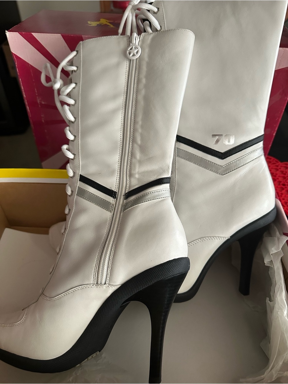 NM70 🤍🤍 White Lace-Up High-Heel Knee High Boots